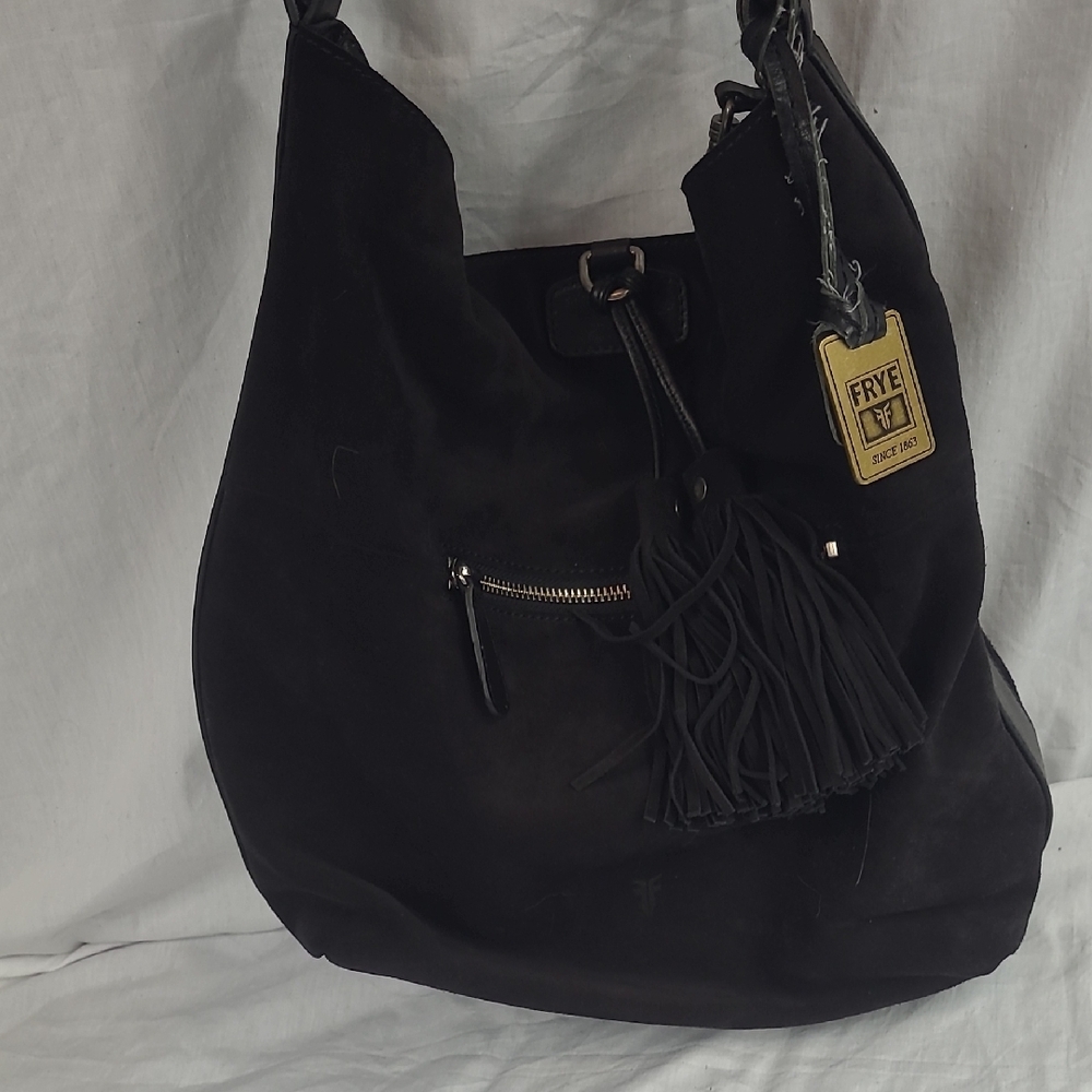 FRYE Black SUEDE Bag HOBO With Magnetic Close And Fringe Tassles EUC